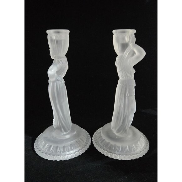 Vintage Fostoria Frosted Glass Figural Candlesticks Rebecca at the Well - Picture 4 of 10